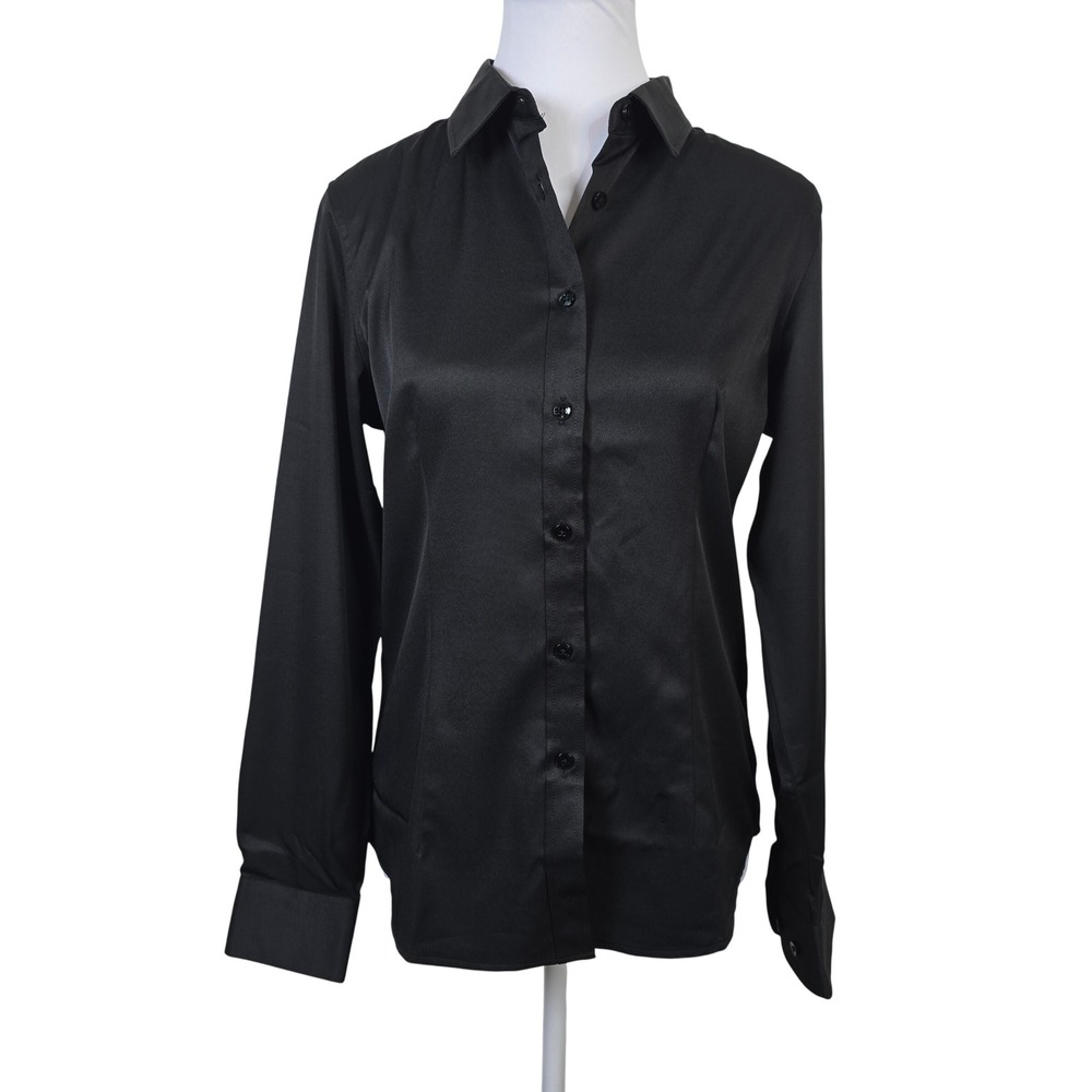 J.VER Womens Black Satin Button Down Shirt Long Sleeve Office Blouse Size S NWT
